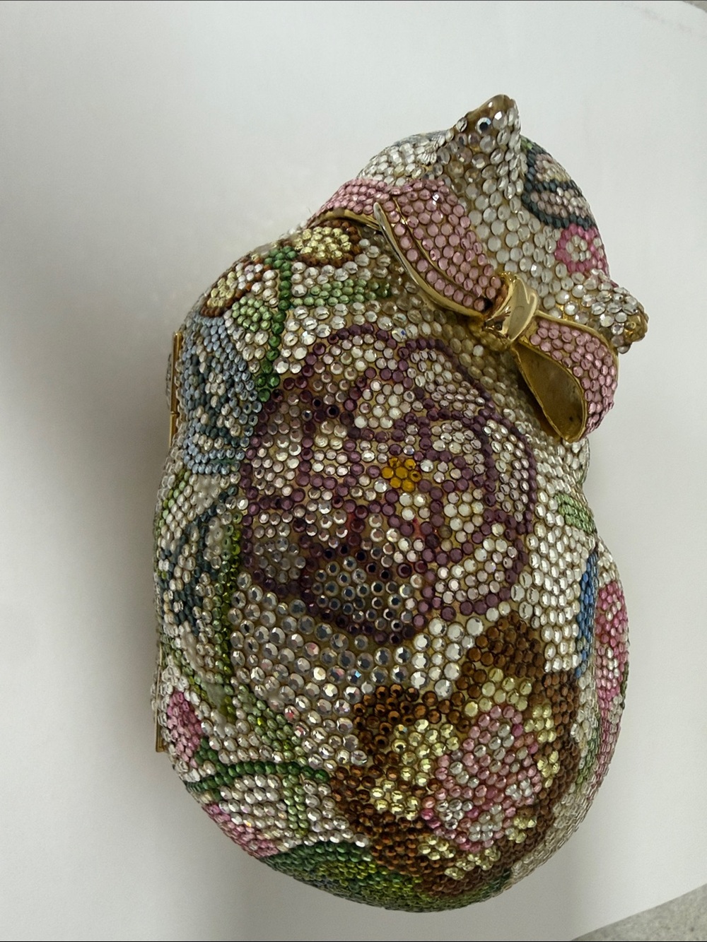 Judith Leiber Multicolor Crystal-Embellished Floral Cat Minaudière with Pink Bow - Picture 3 of 7